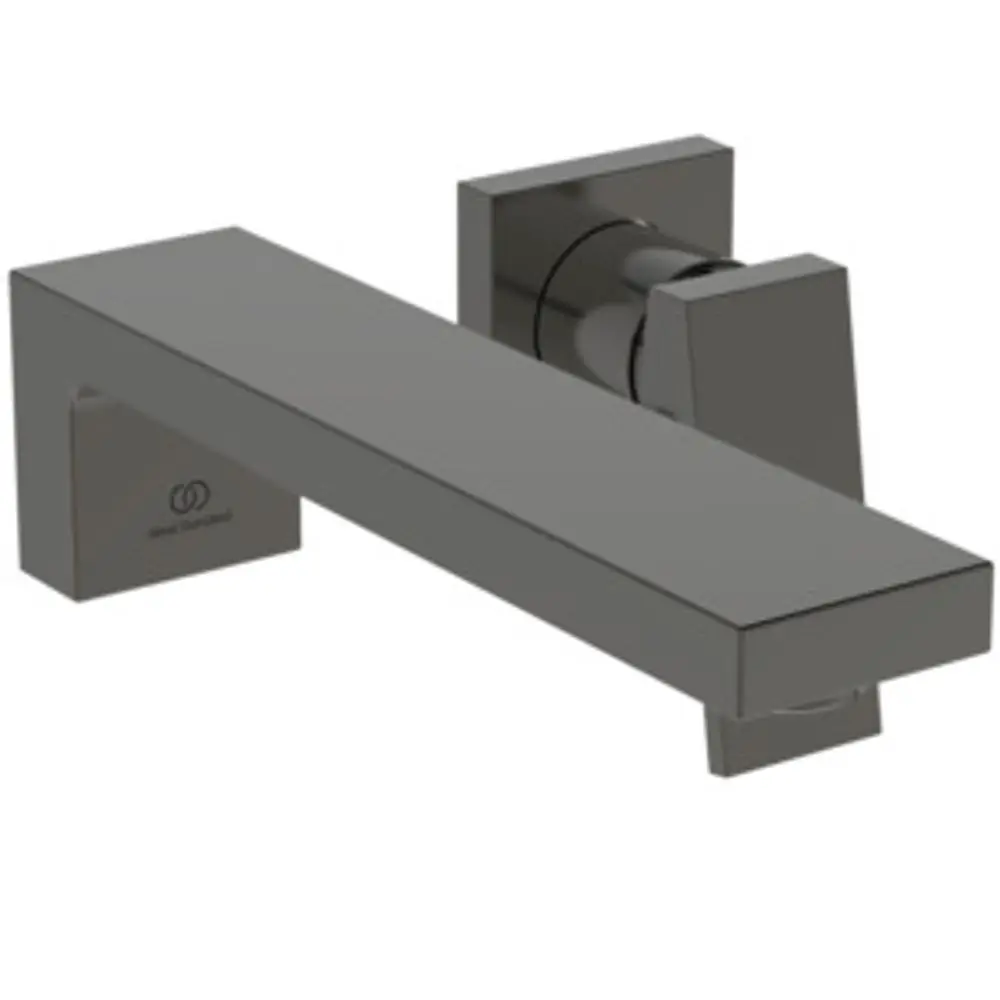 Wand-Waschbeckenarmatur in zeitlosem Design, gefertigt von Ideal Standard, mit rechteckigem Auslauf und Bedienknopf für einfache Nutzung.
